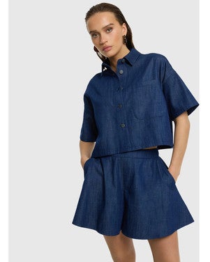 ladies woven short sleeve denim jacket ADELINE Donker Blauw