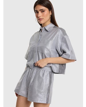 ladies knitted foil cropped blouse Grijs