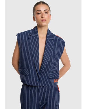 ladies woven striped waistcoat Donker Blauw