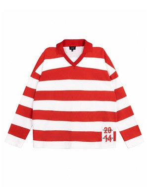ladies knitted block stripe polo sweater Koraal