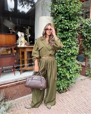 ladies woven wide leg cargo pants MILA Army