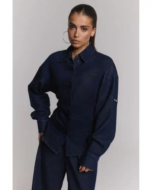 ladies woven fitted waist denim blouse Blauw