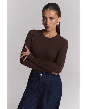 ladies knitted rib longsleeve t-shirt Bruin 1