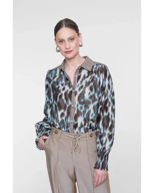 Blouse met animaldessin en gestreepte details Bruin 1