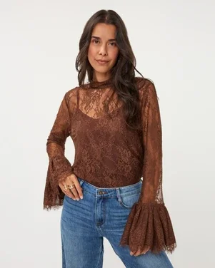 Blouse trumpet sleeve lace Bruin 1