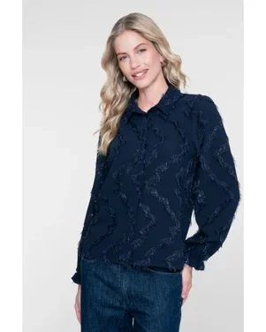 Blouse met fringe en subtiele glitter Blauw
